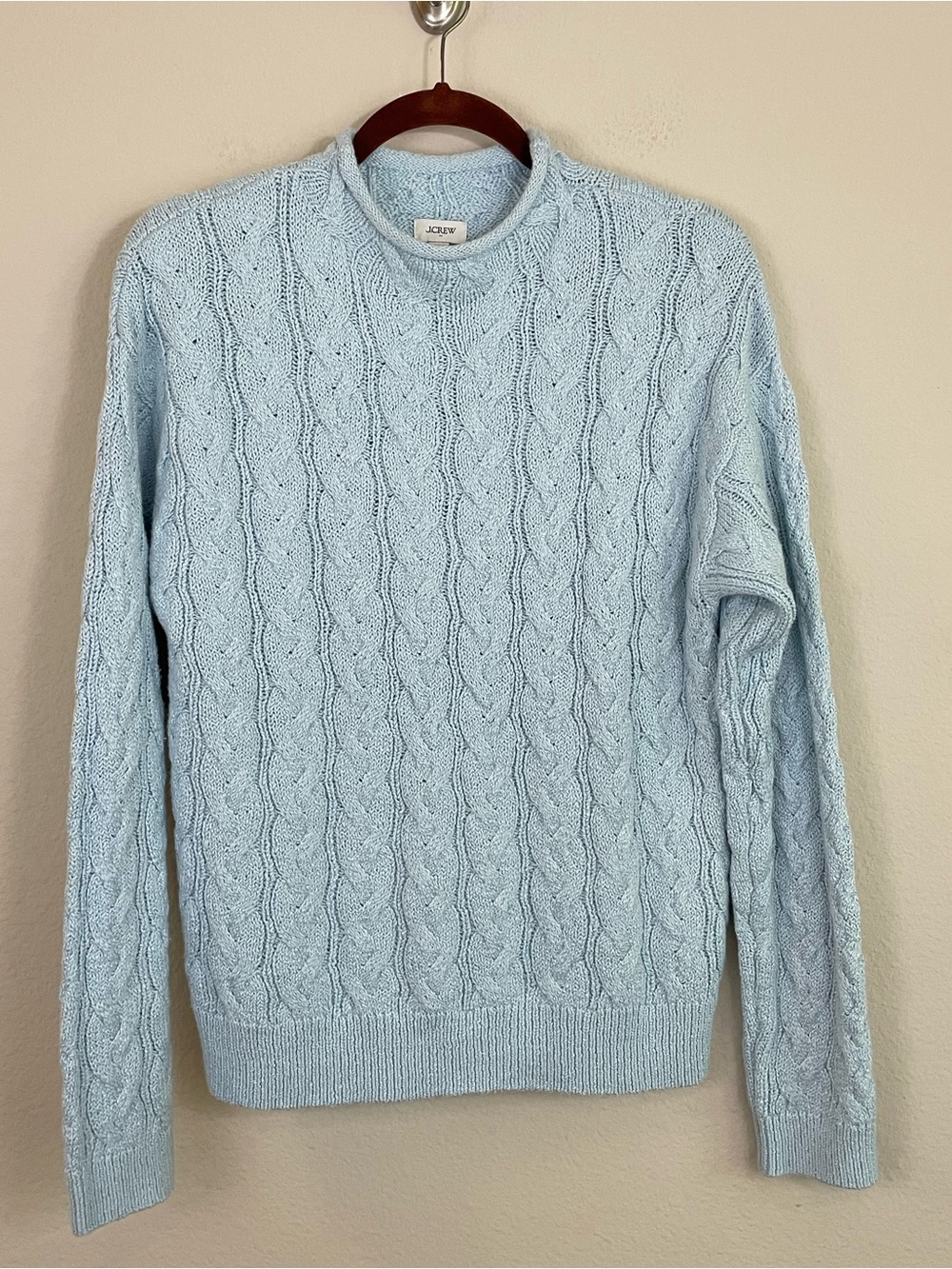 J.Crew Cloud Blue Cable Knit Roll Neck Pullover Sweater Size L Classic Old Money - Picture 2 of 7